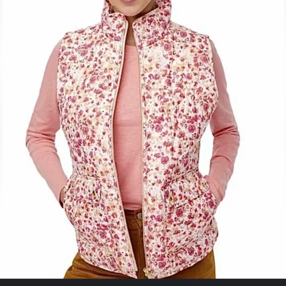 J. Crew Puffer Floral Pink Quilted Vest With Snap Pockets